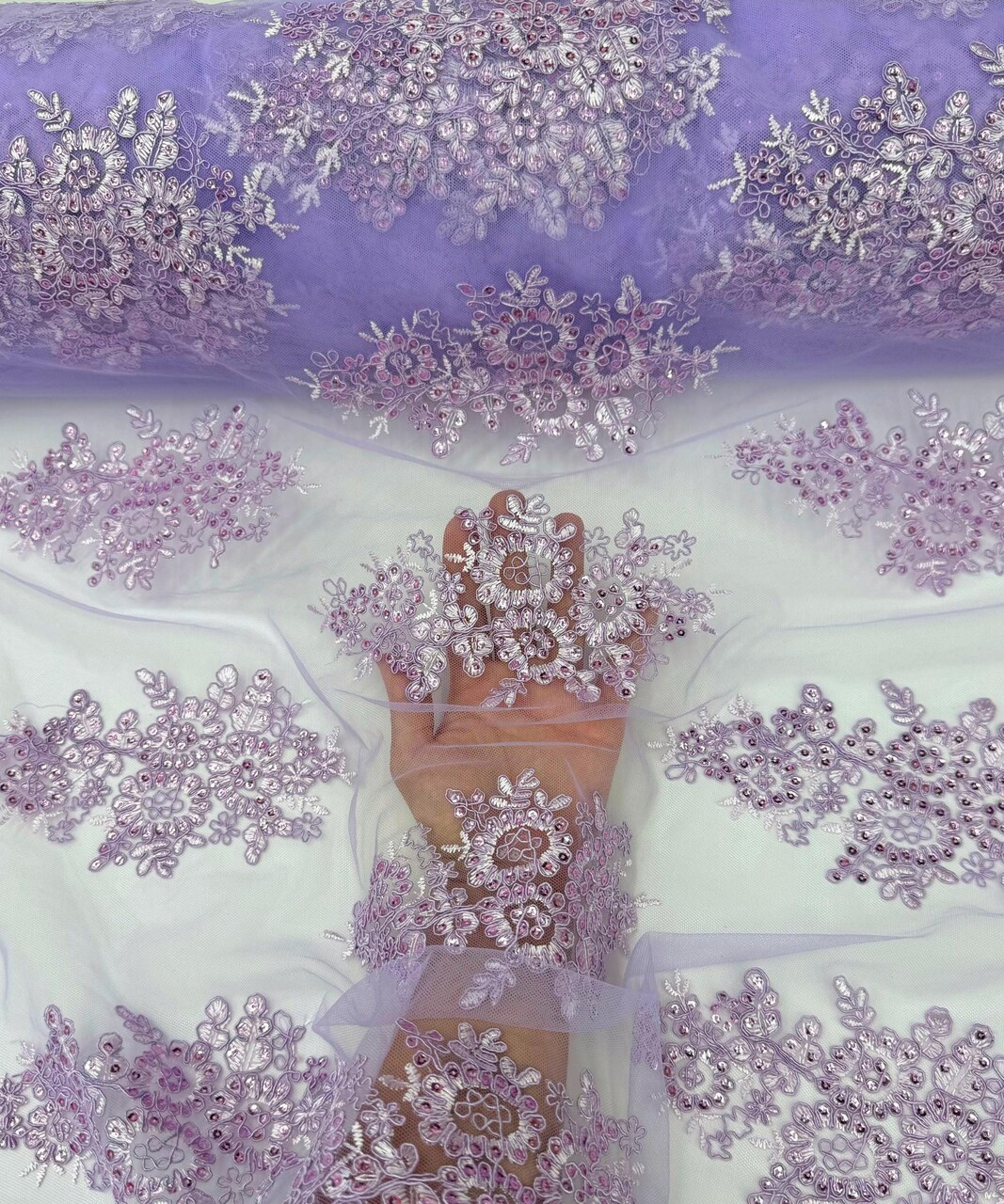 Lilac Sequin Embroidered Lace Fabric by the Yard, 54" Wide Floral Mesh Lace with Double Scalloped Edges